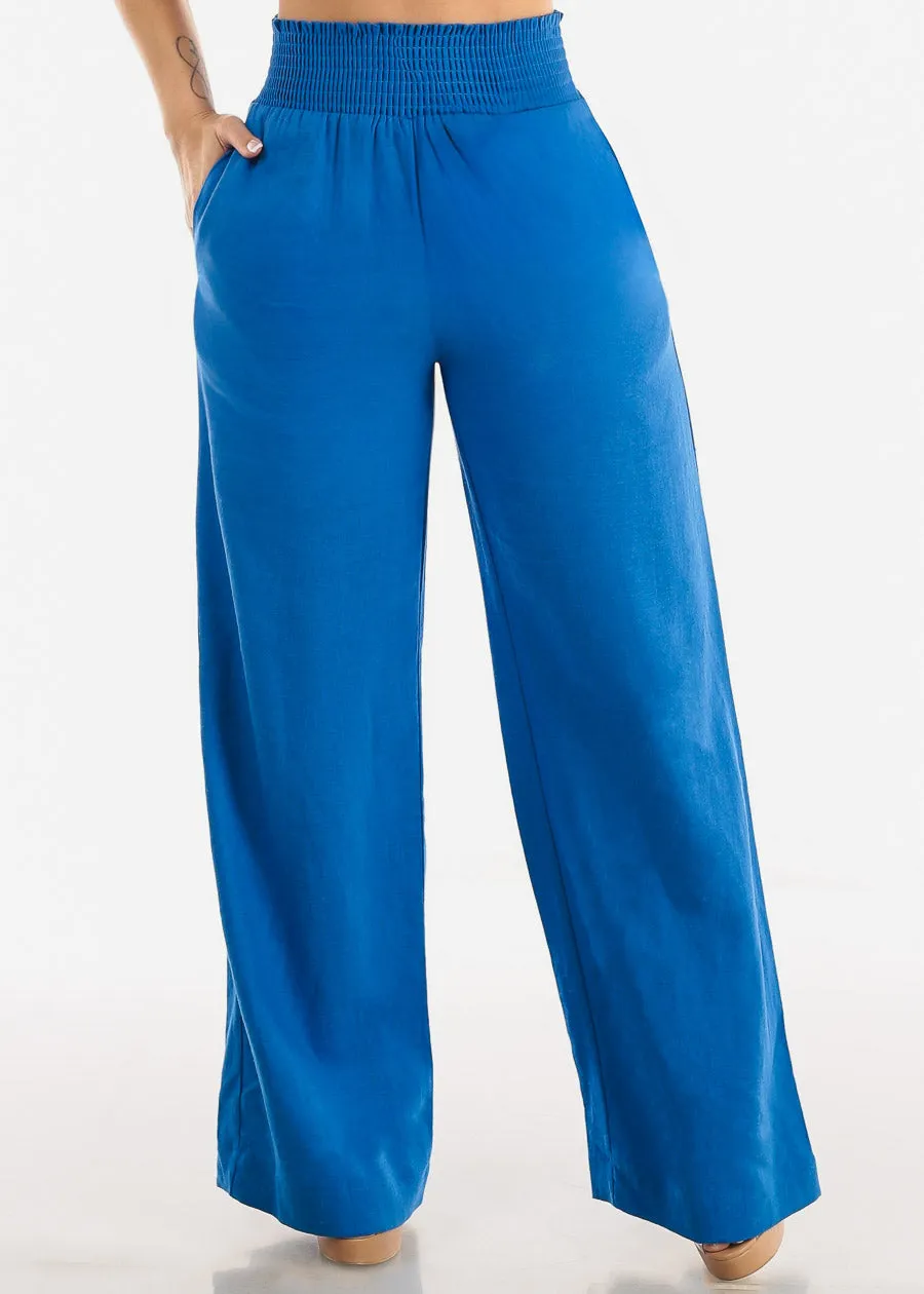 Blue Linen High Rise Spandex Waist Wide Leg Linen Pants sold by Moda
