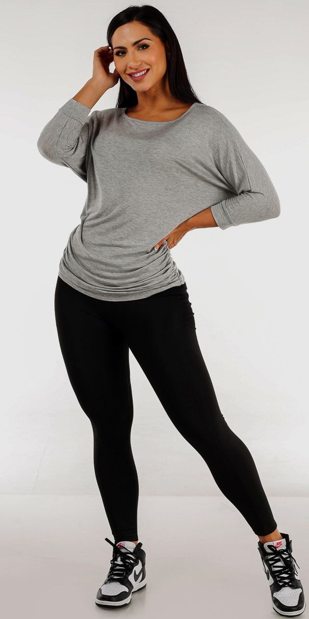 High Waisted Black Activewear Leggings with Grey Dolman Sleeves Tunic Top sold by Moda