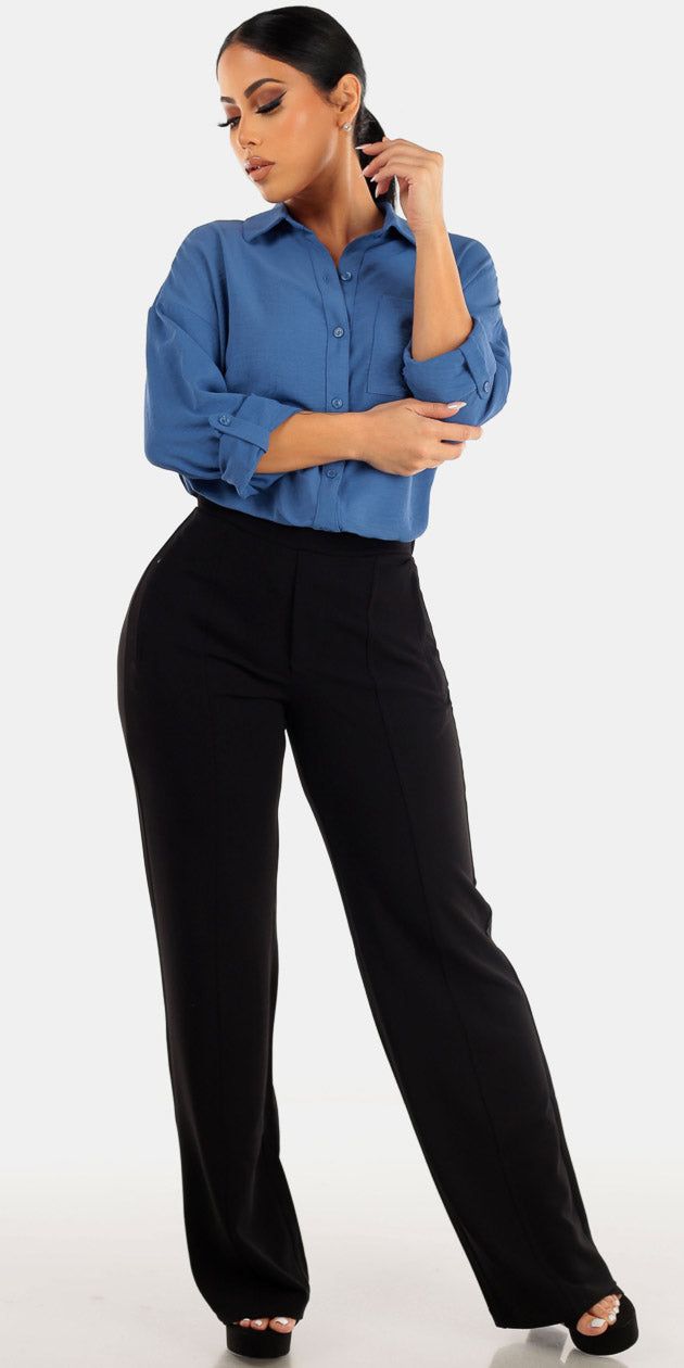 Black Wide Leg Blue Blouse Outfit sold by Moda