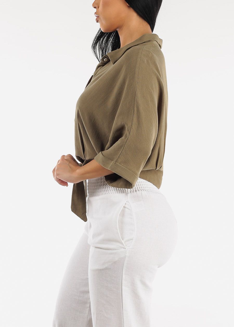 Front Tie Button Up Cropped Shirt Olive sold by Moda product image thumbnail 3