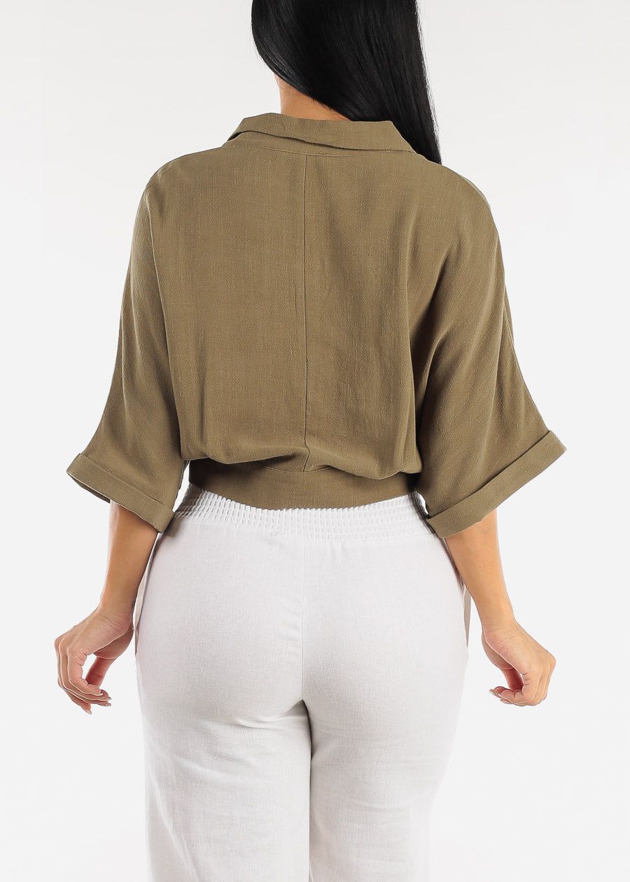 Front Tie Button Up Cropped Shirt Olive sold by Moda product image thumbnail 4