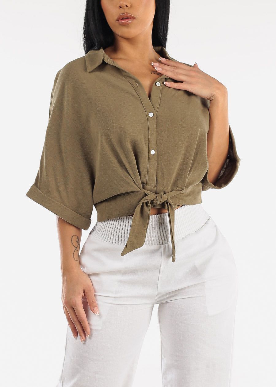 Front Tie Button Up Cropped Shirt Olive sold by Moda