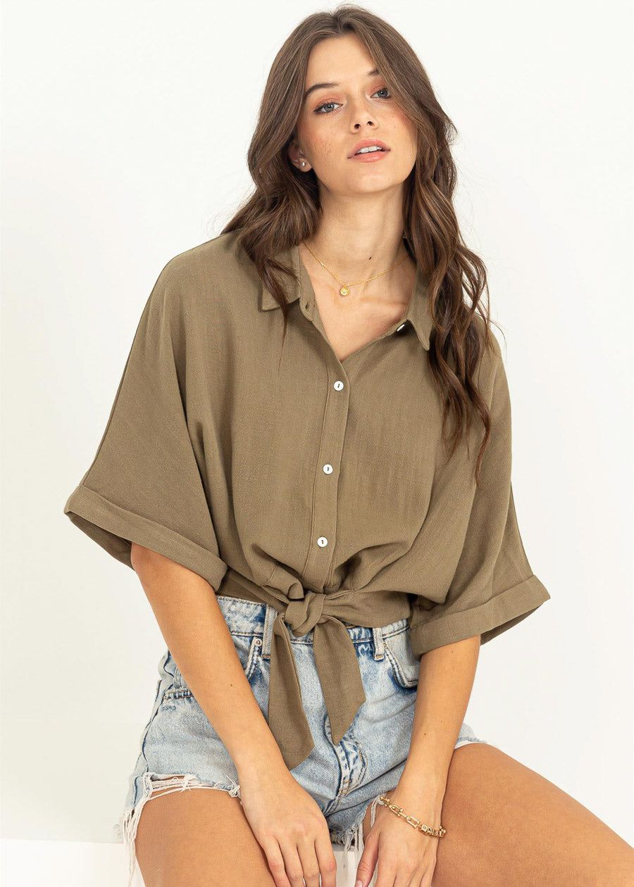 Front Tie Button Up Cropped Shirt Olive sold by Moda product image thumbnail 5