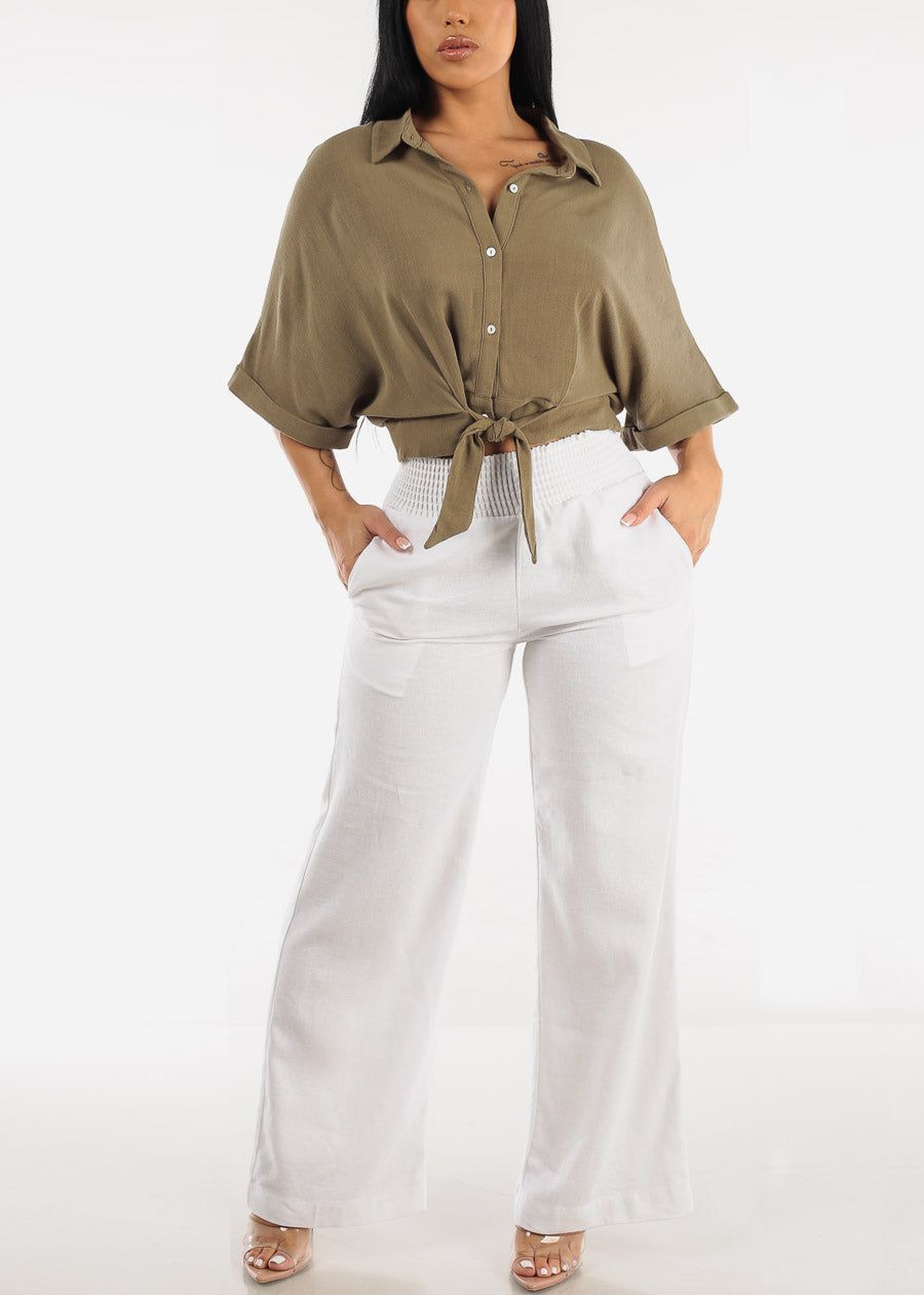 Front Tie Button Up Cropped Shirt Olive sold by Moda product image thumbnail 2