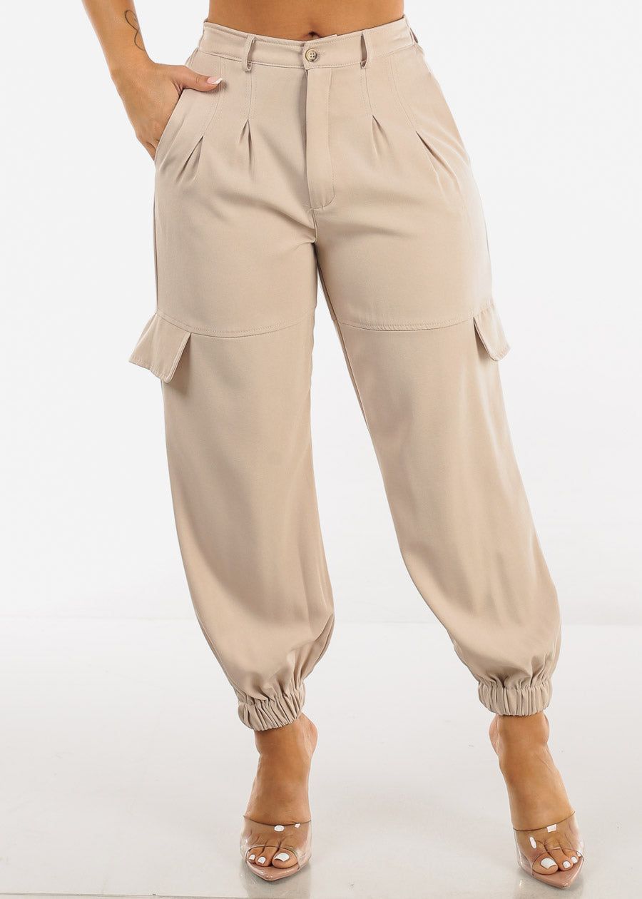 High Waisted Cargo Jogger Pants Taupe sold by Moda