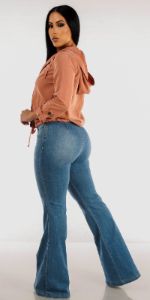 High Rise Light Blue Flared Jeans Black Long Sleeve Crop Top and Pink Zip Up Hooded Jacket sold by Moda