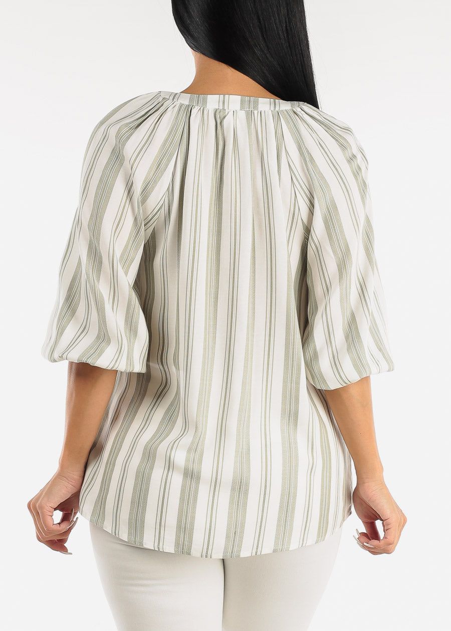 Quarter Sleeve Elastic Cuff Stripe Blouse Sage sold by Moda product image thumbnail 4