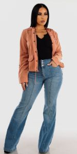 High Rise Light Blue Flared Jeans Black Long Sleeve Crop Top and Pink Zip Up Hooded Jacket sold by Moda