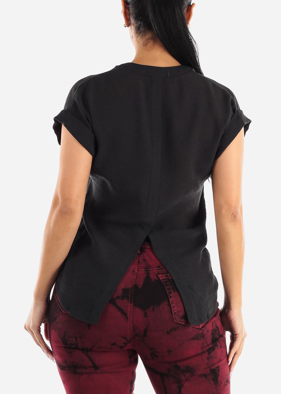 Cuffed Short Sleeve Button Up Shirt Black w Back Slit sold by Moda product image thumbnail 4