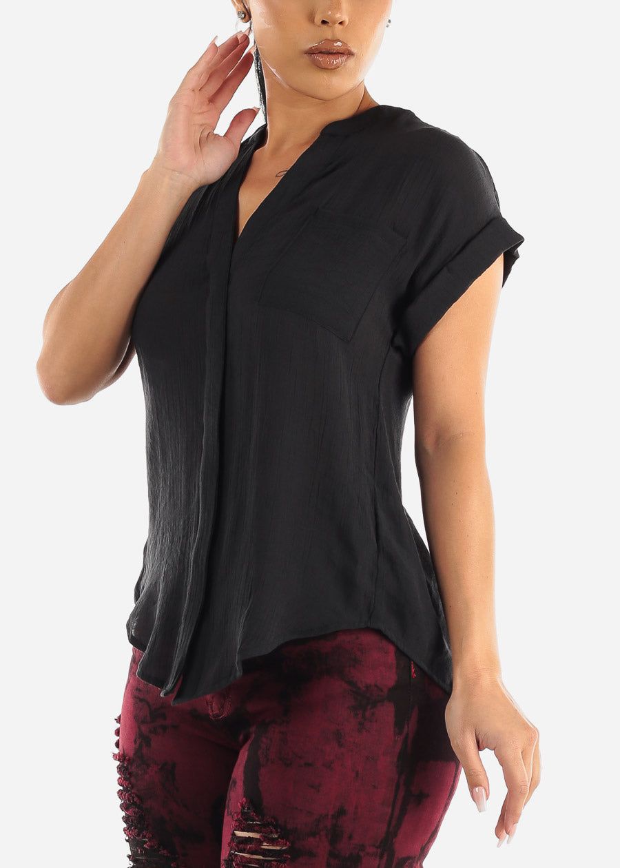 Cuffed Short Sleeve Button Up Shirt Black w Back Slit sold by Moda