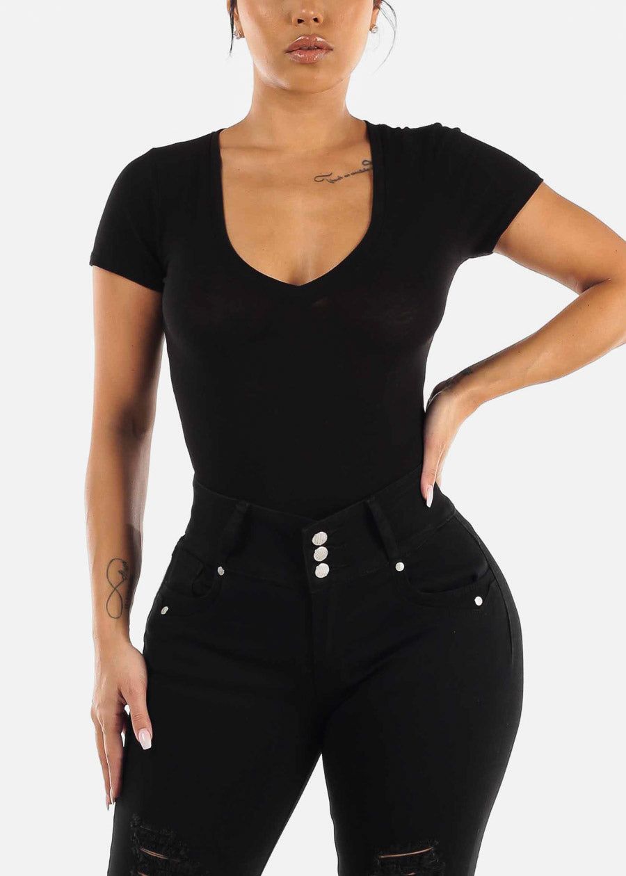 Black Vneck Short Sleeve Thong Bodysuit sold by Moda