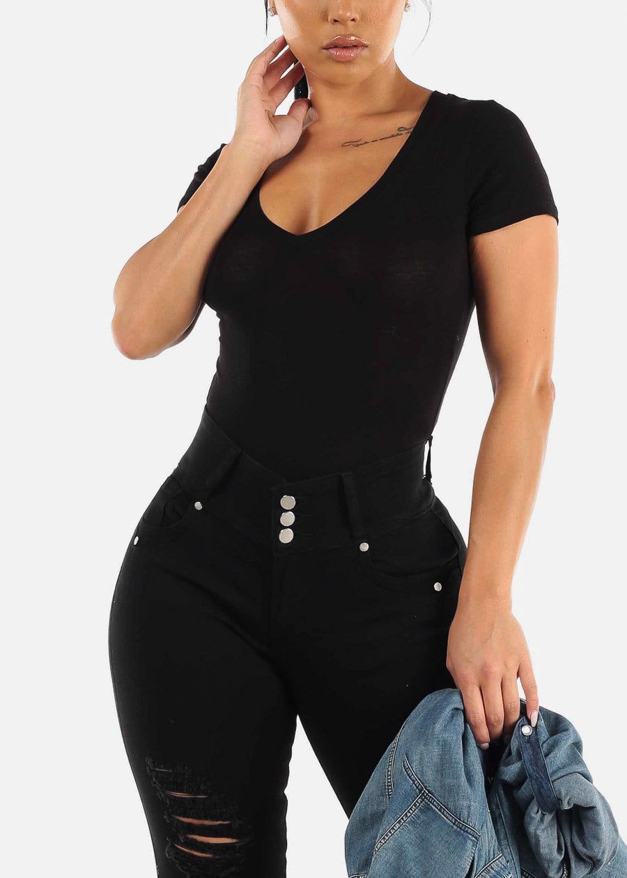 Black Vneck Short Sleeve Thong Bodysuit sold by Moda product image thumbnail 5