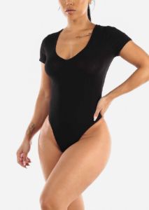 Black Vneck Short Sleeve Thong Bodysuit sold by Moda