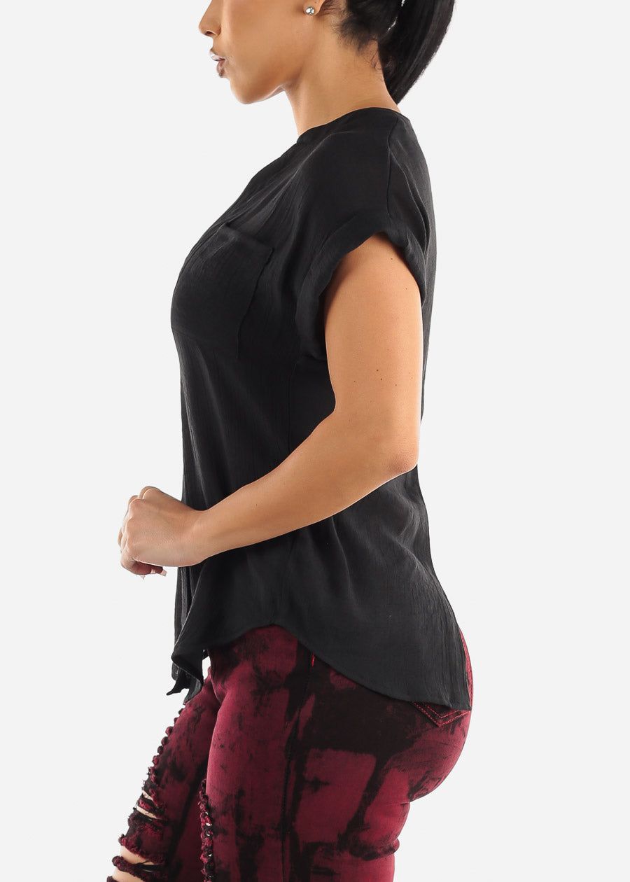 Cuffed Short Sleeve Button Up Shirt Black w Back Slit sold by Moda product image thumbnail 3