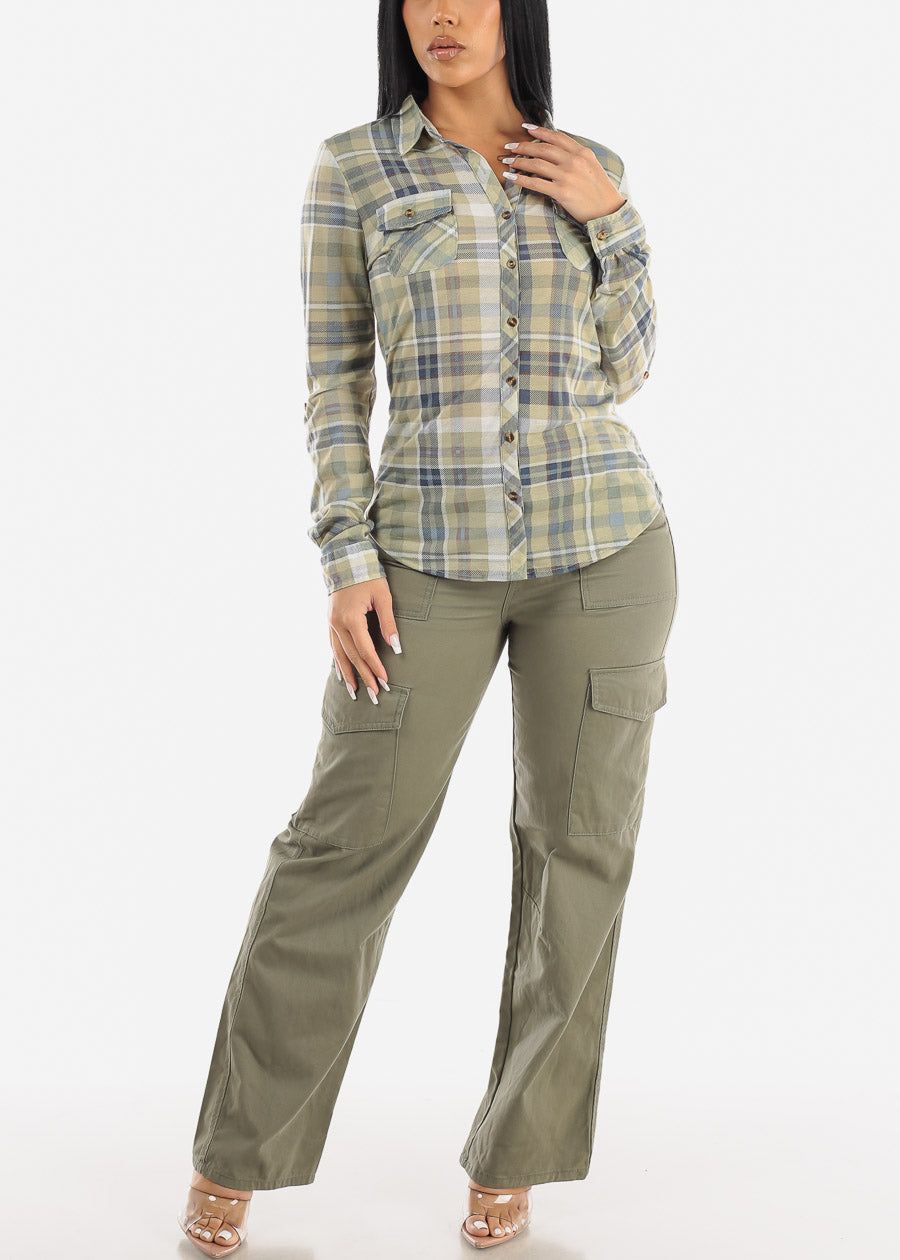 Long Sleeve Button Up Plaid Shirt Sage sold by Moda product image thumbnail 2