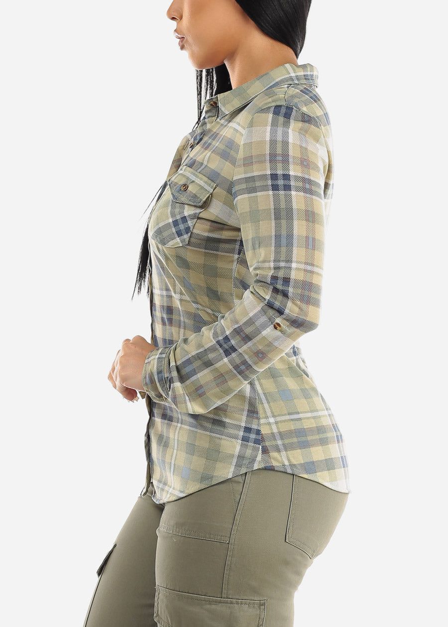 Long Sleeve Button Up Plaid Shirt Sage sold by Moda product image thumbnail 3
