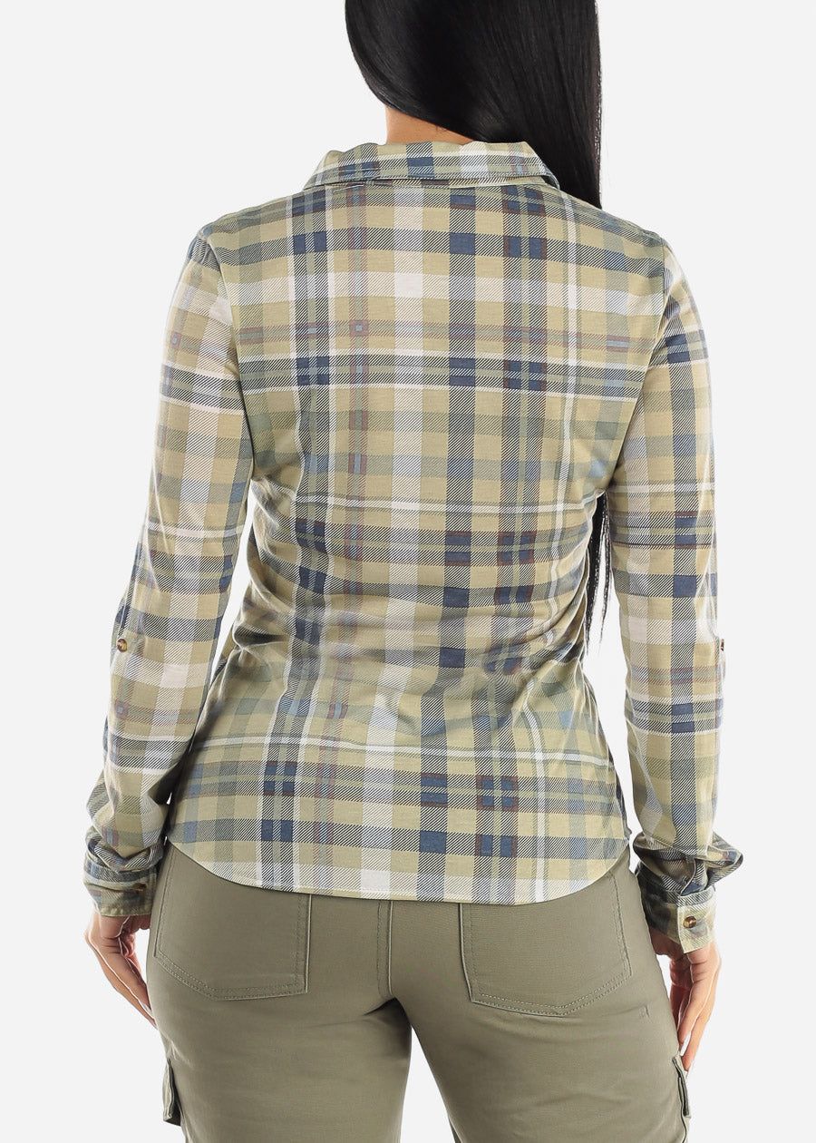 Long Sleeve Button Up Plaid Shirt Sage sold by Moda product image thumbnail 4