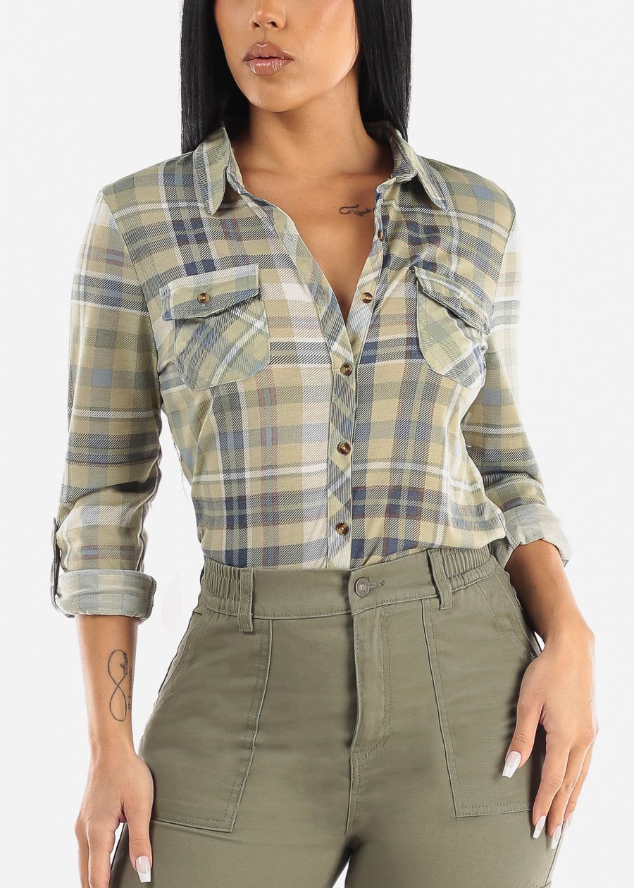 Long Sleeve Button Up Plaid Shirt Sage sold by Moda