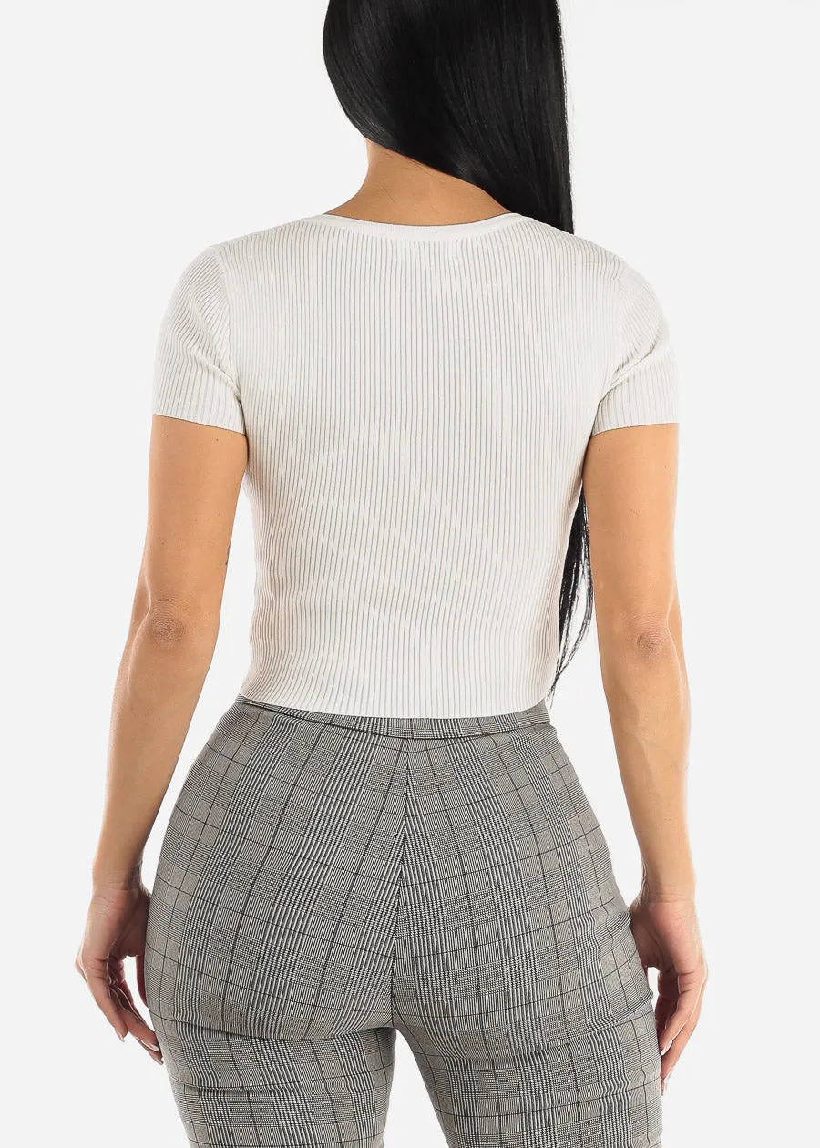 White Stretchy Knit Short Sleeve Clasp Closure Crop Top sold by Moda product image thumbnail 4