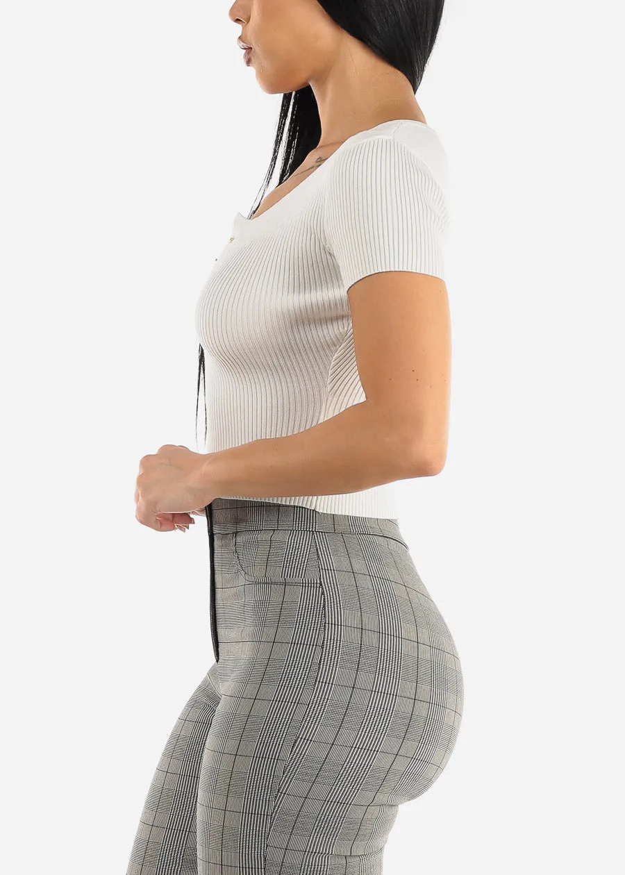 White Stretchy Knit Short Sleeve Clasp Closure Crop Top sold by Moda product image thumbnail 3