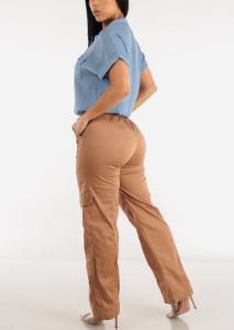 High Waisted Straight Wide Leg Cargo Pants Mocha sold by Moda