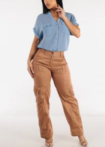 High Waisted Straight Wide Leg Cargo Pants Mocha sold by Moda