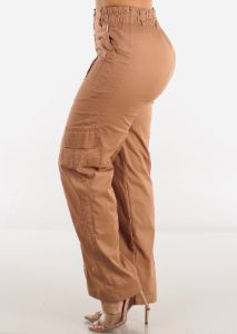 High Waisted Straight Wide Leg Cargo Pants Mocha sold by Moda