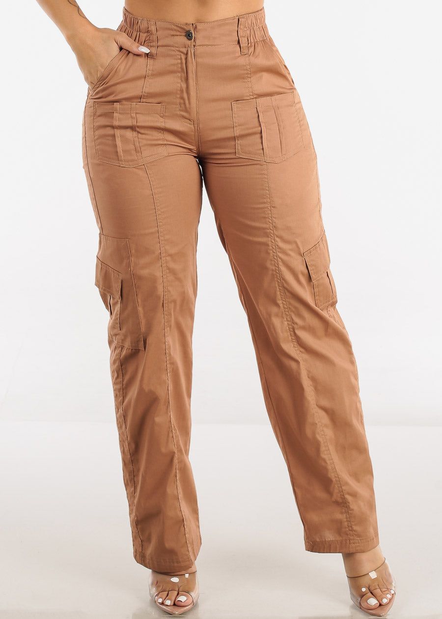 High Waisted Straight Wide Leg Cargo Pants Mocha sold by Moda