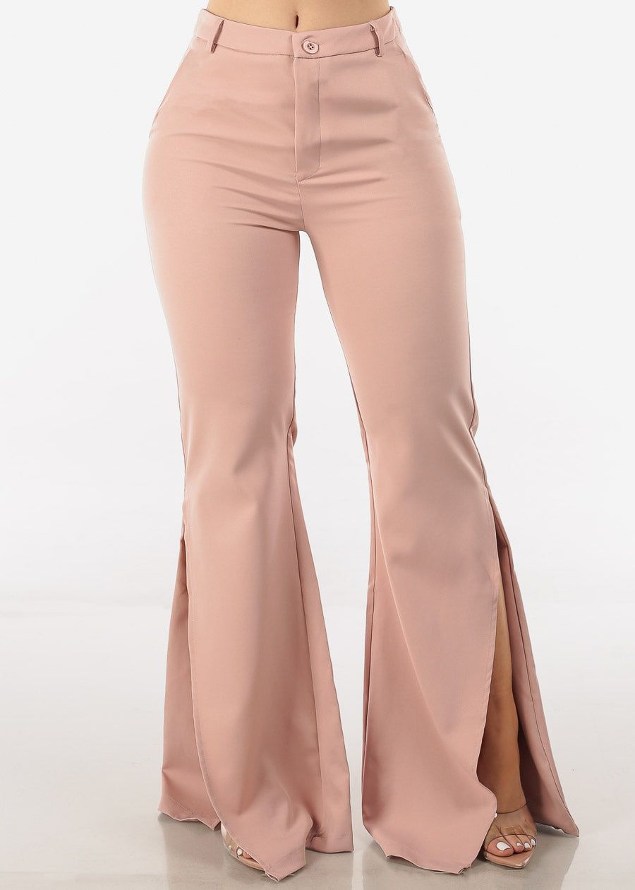 High Waisted Front Slit Elegant Flared Pants Mauve sold by Moda