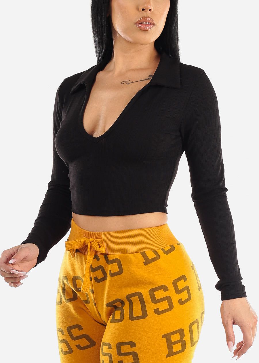 Black Long Sleeve Collared Vneck Crop Top sold by Moda