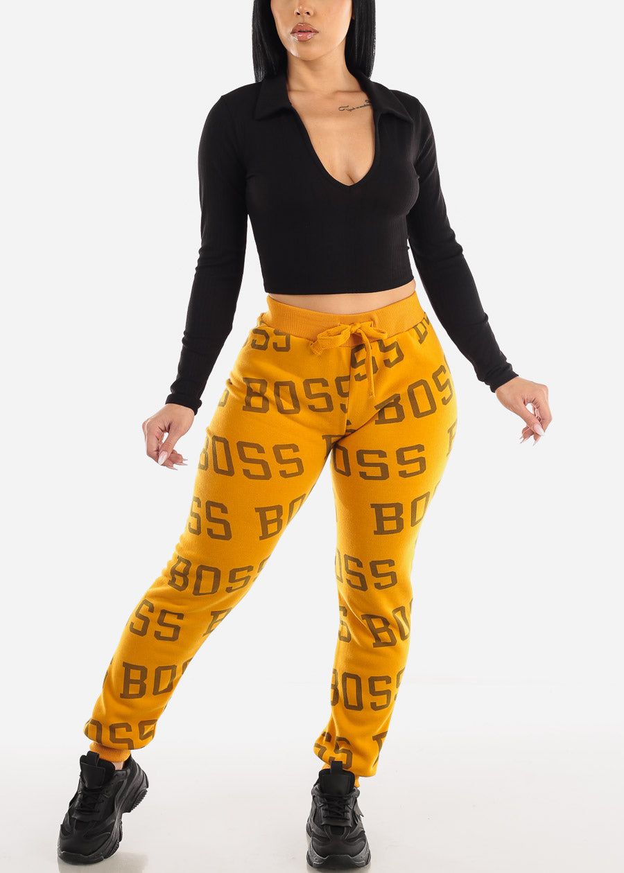 Black Long Sleeve Collared Vneck Crop Top sold by Moda product image thumbnail 2