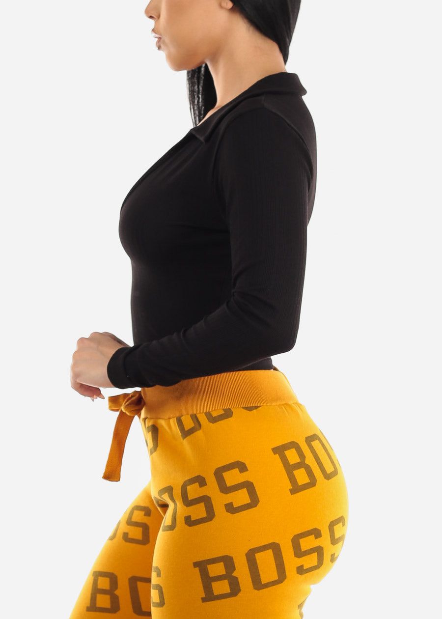 Black Long Sleeve Collared Vneck Crop Top sold by Moda product image thumbnail 3