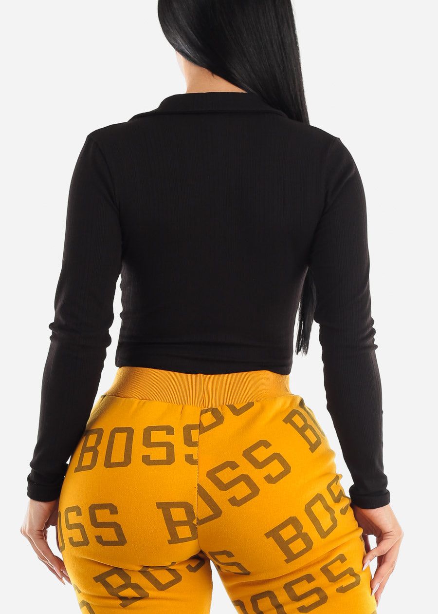 Black Long Sleeve Collared Vneck Crop Top sold by Moda product image thumbnail 4