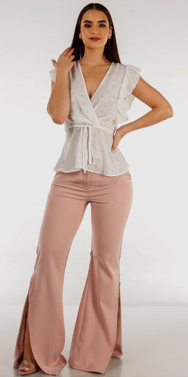 Mauve High Rise Front Slot Flared Pants with White Short Sleeve Floral Peplum Blouse sold by Moda