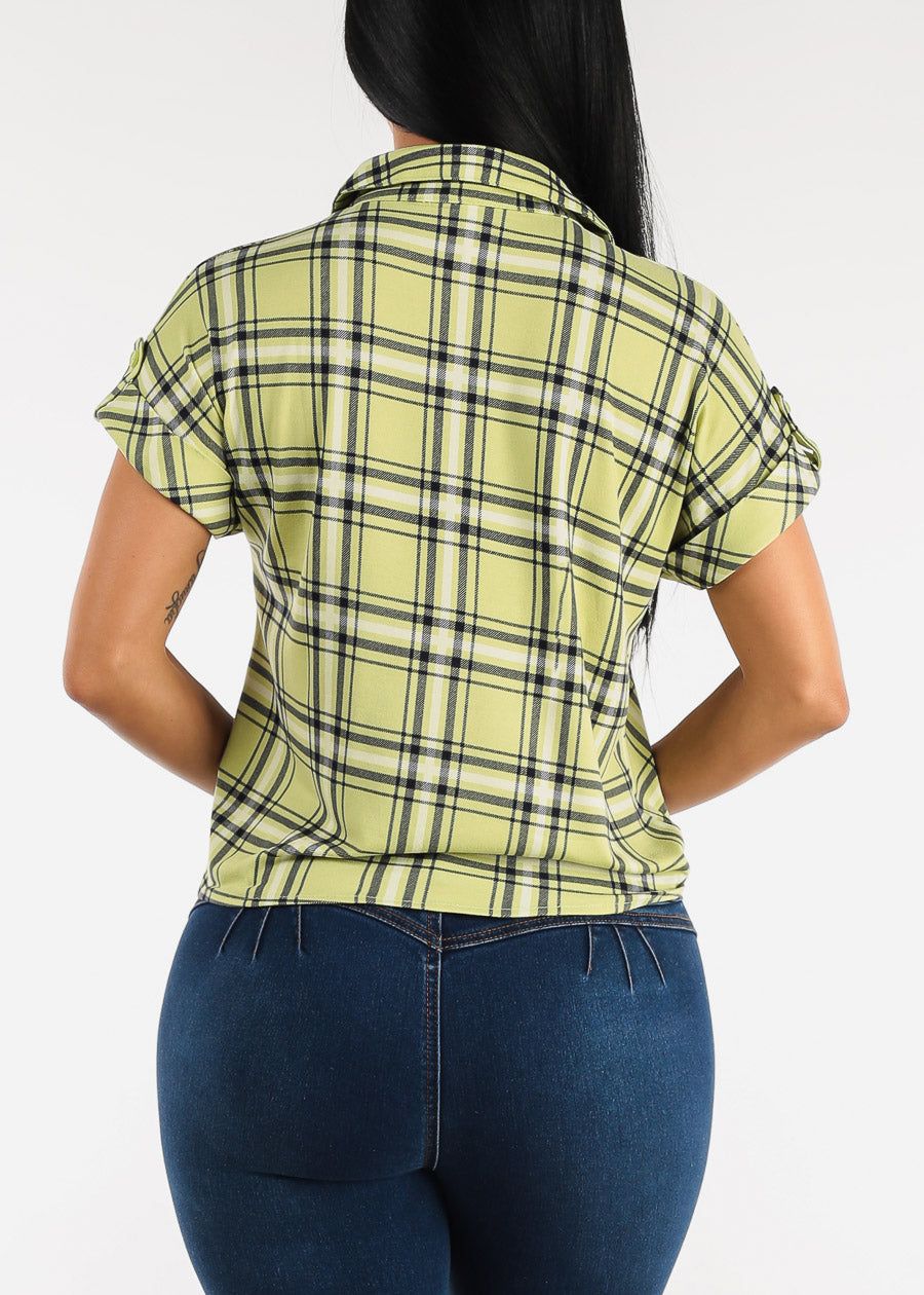 Short Sleeve Tie Front Button Up Plaid Shirt Light Green sold by Moda product image thumbnail 4