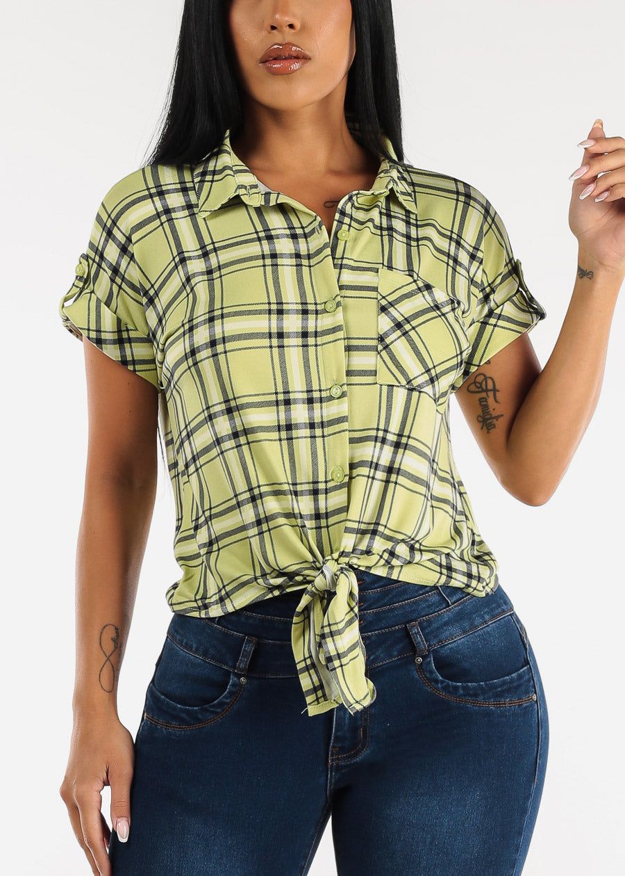 Short Sleeve Tie Front Button Up Plaid Shirt Light Green sold by Moda