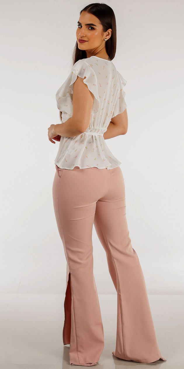 Mauve High Rise Front Slot Flared Pants with White Short Sleeve Floral Peplum Blouse sold by Moda product image thumbnail 2
