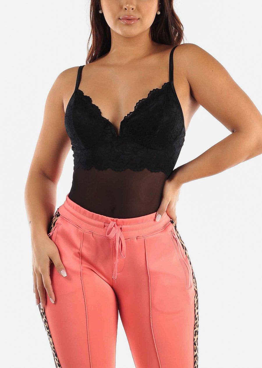 Black Lace V Neck Thong Bodysuit sold by Moda