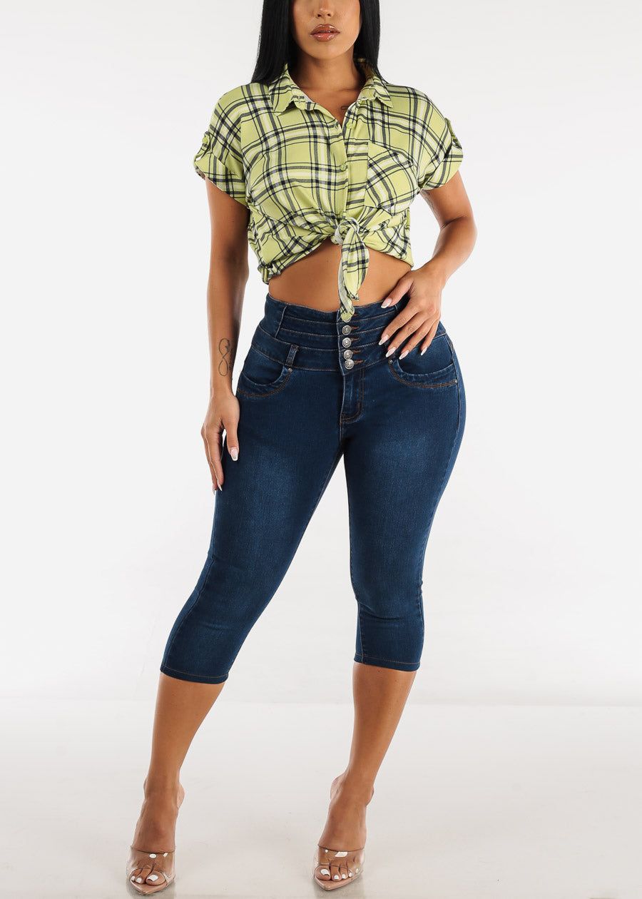 Short Sleeve Tie Front Button Up Plaid Shirt Light Green sold by Moda product image thumbnail 2