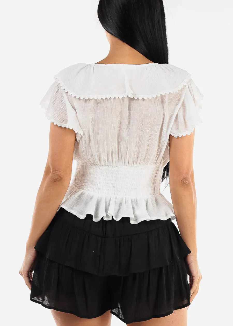 White Short Sleeve Ruffled Top w Shirred Waist sold by Moda product image thumbnail 4