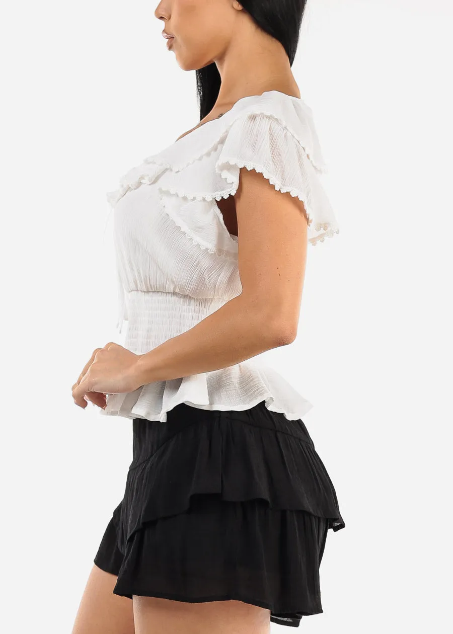 White Short Sleeve Ruffled Top w Shirred Waist sold by Moda product image thumbnail 3