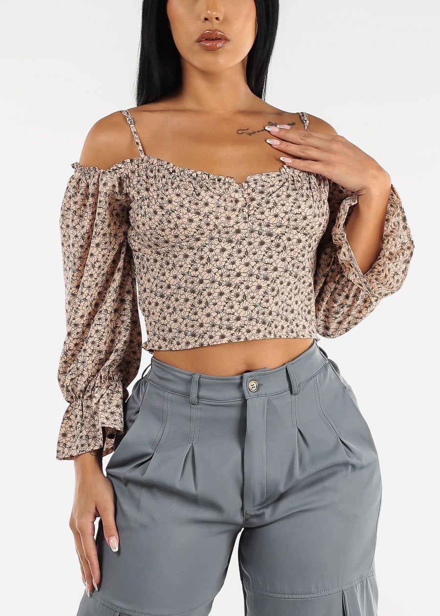 Off Shoulder Smoked Floral Cami Crop Top Light Pink sold by Moda