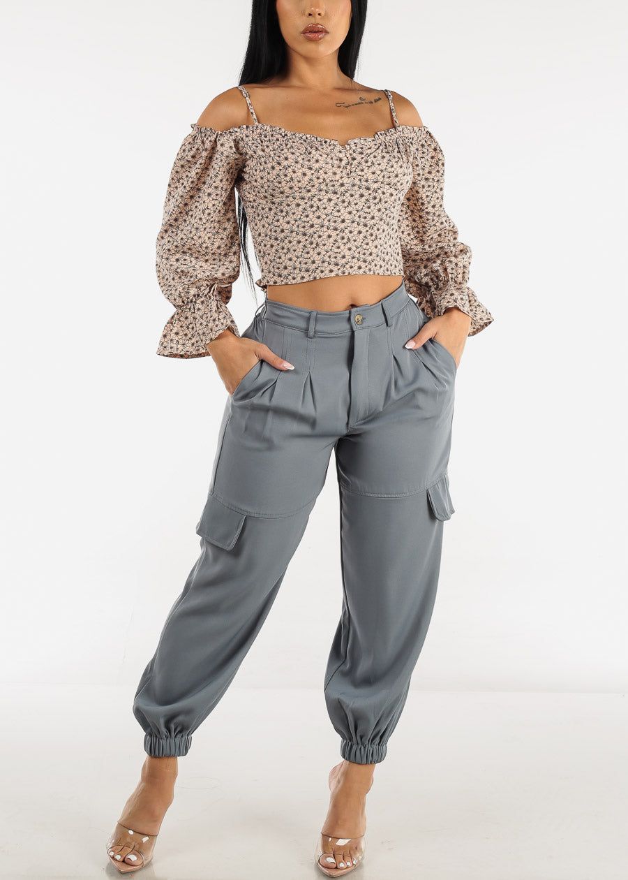 Off Shoulder Smoked Floral Cami Crop Top Light Pink sold by Moda product image thumbnail 2