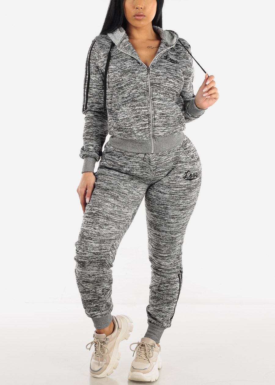Printed Fleece Zip Up Hoodie & Jogger Sweatpants Grey ( 2 PCE SET) sold by Moda