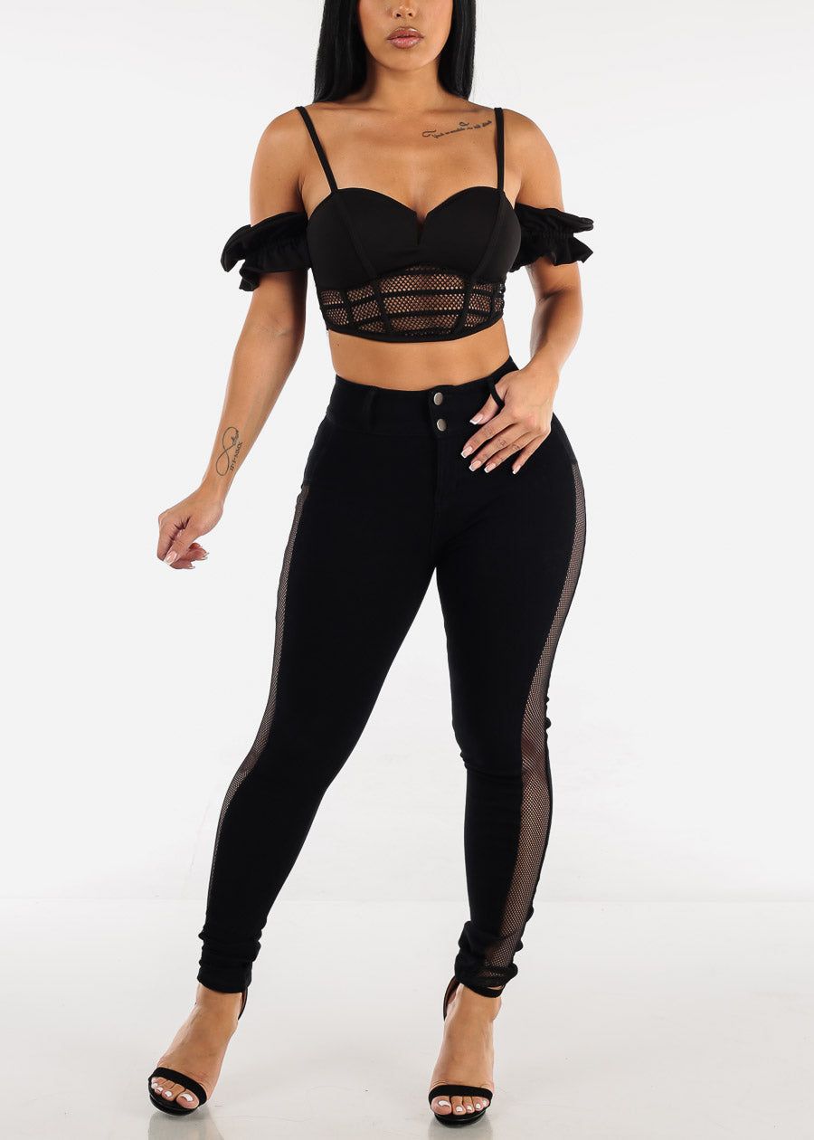 Black Corset Fishnet Crop Top w Ruffled Sleeves sold by Moda product image thumbnail 2