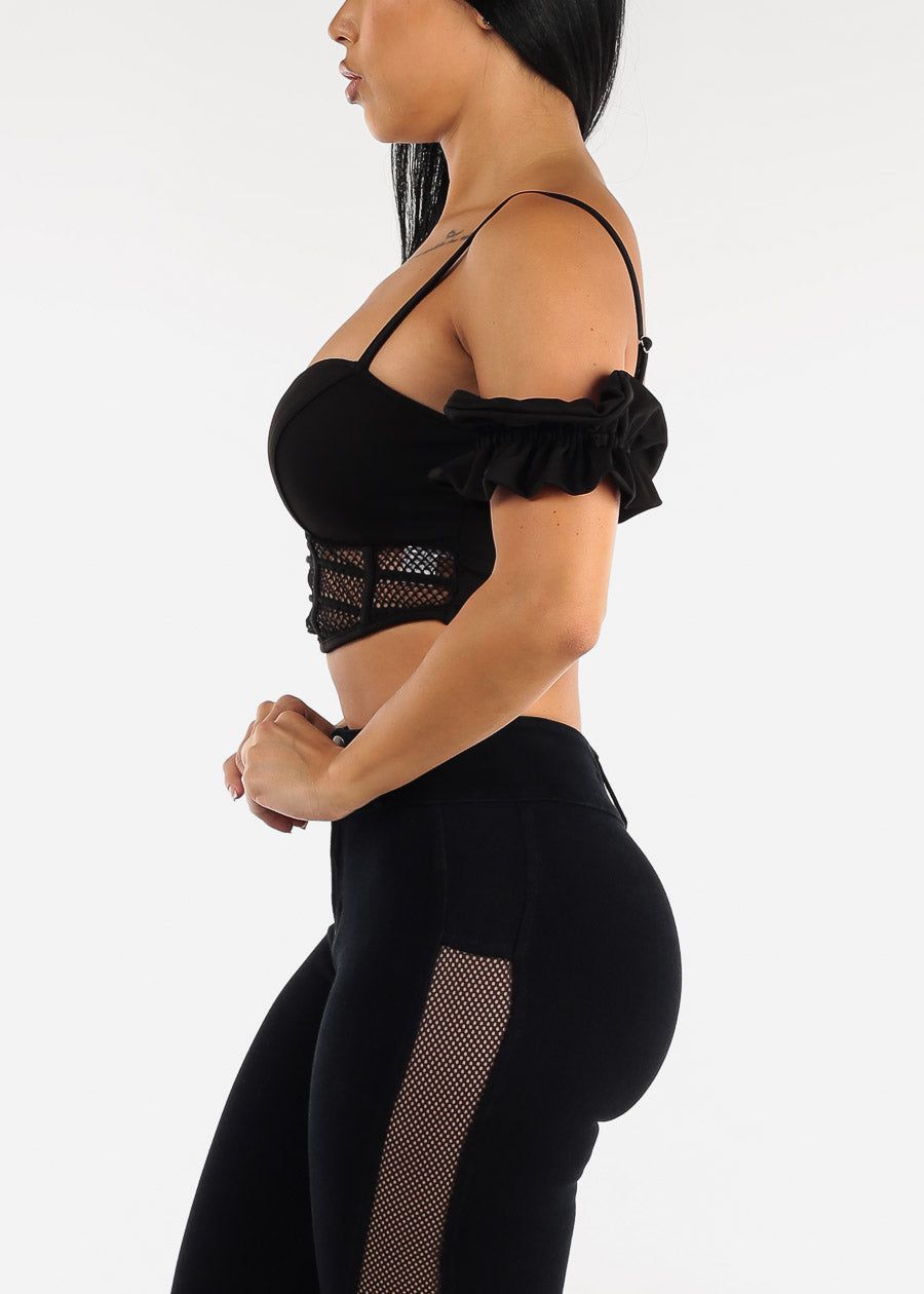 Black Corset Fishnet Crop Top w Ruffled Sleeves sold by Moda product image thumbnail 3