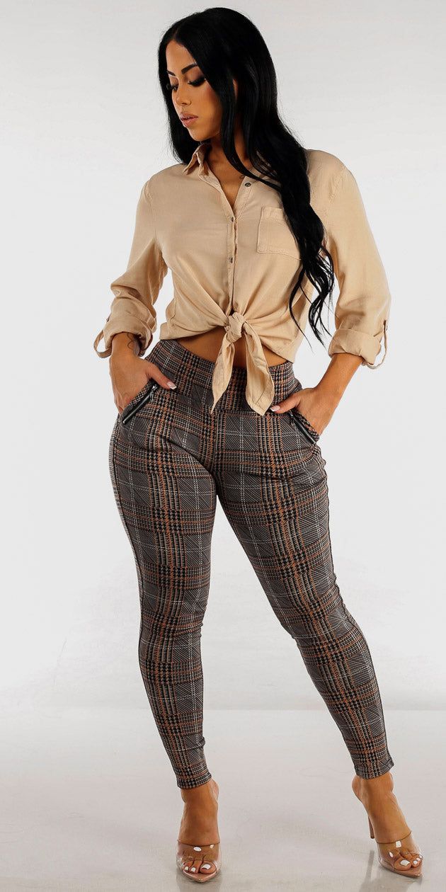 Brown Plaid High Waisted Skinny Pants with Long Sleeve Khaki Button Up Blouse sold by Moda