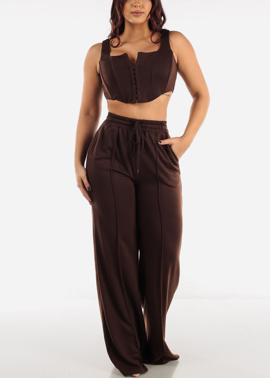 Corset Crop Top & Wide Legged Pants Brown (2 PCE SET) sold by Moda