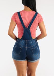 Distressed Med Blue Cuffed Denim Short Overalls sold by Moda