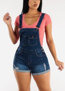 Distressed Med Blue Cuffed Denim Short Overalls sold by Moda